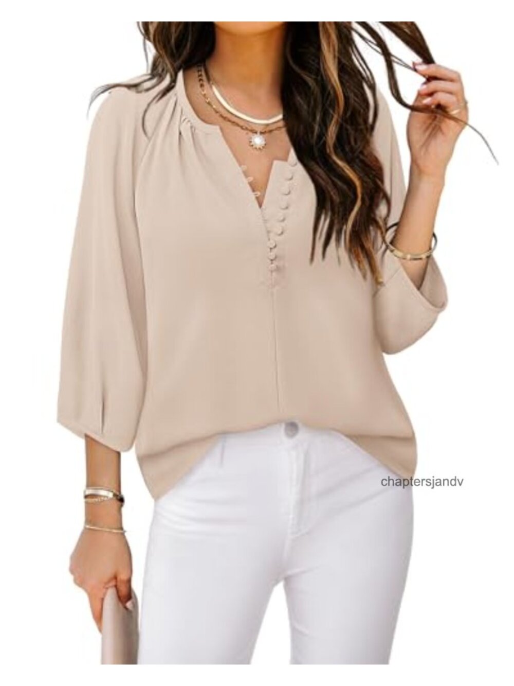 Womens Boho Tunic Top V Neck 3/4 Sleeve Blouse Button Down Flowy
